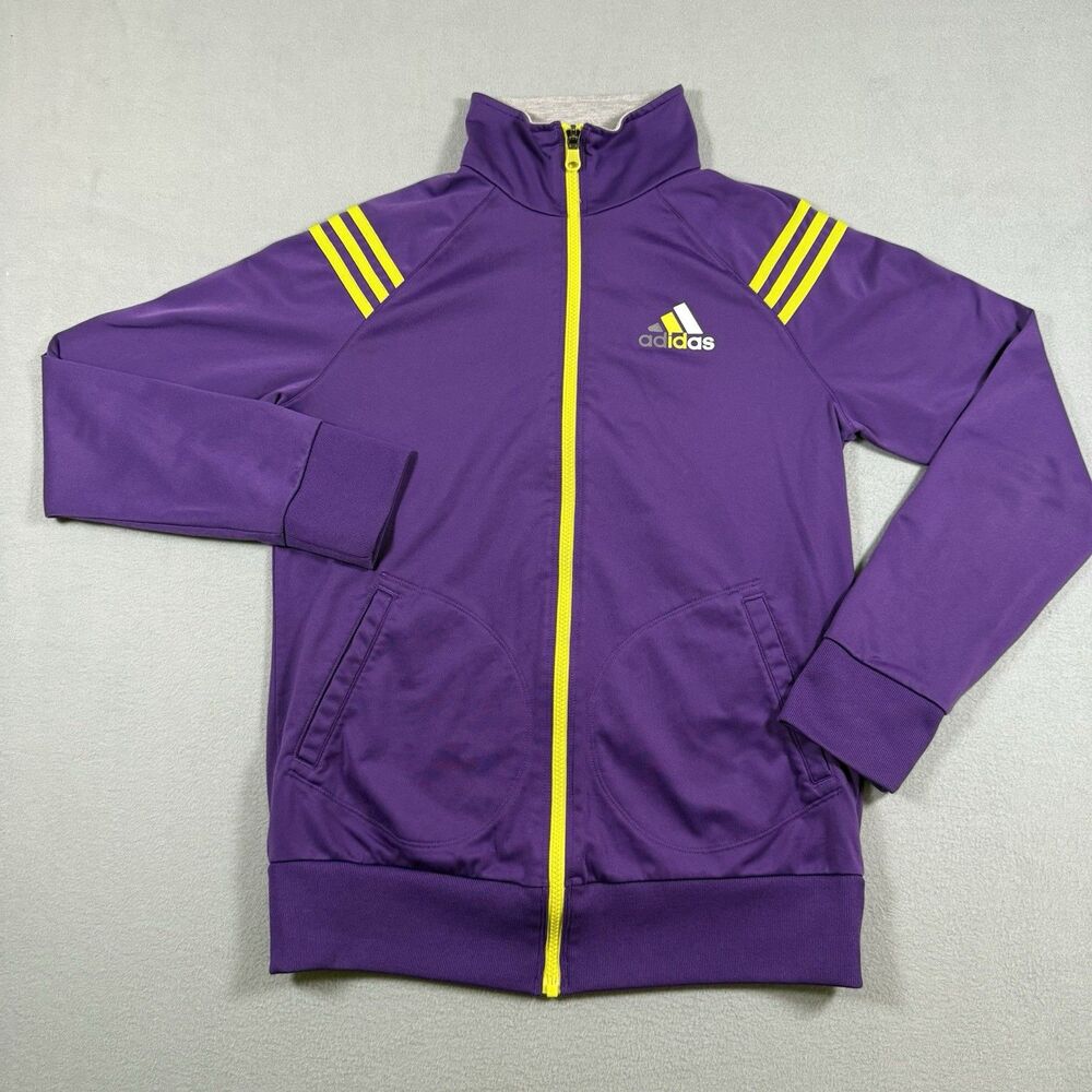 Adidas ClimaLite Track Jacket Womens M Purple Yellow 3-Stripe Full Zip